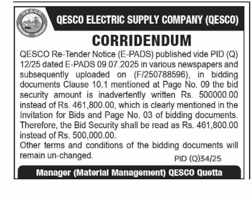 QESCO Electric Supply Compay Quetta Tender Notice
